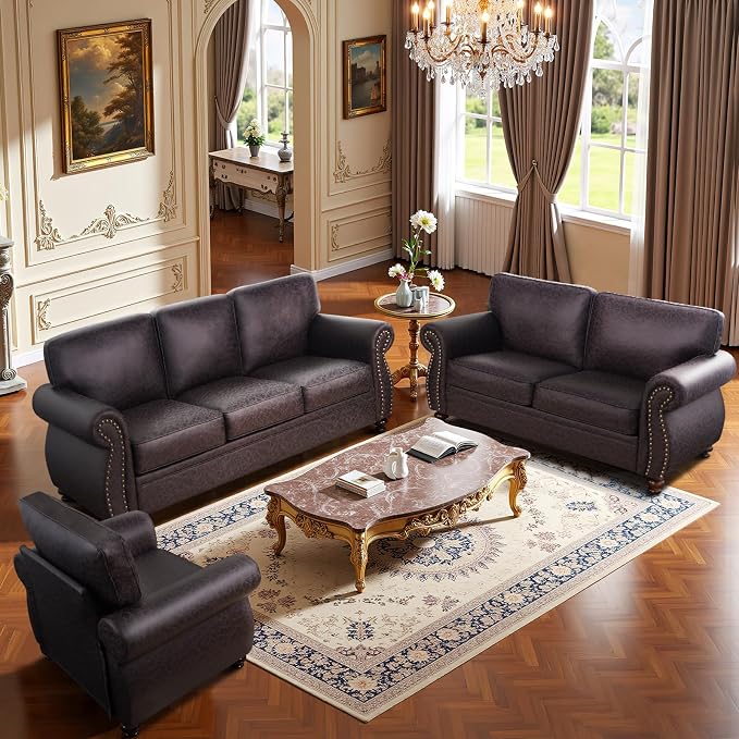 Couchus Mid-Century Vintage Sofa Couches with Rivet Design,3-Seater Sofa,Removable Sofa Cover Upholstered Cushions and Solid Wood Frame (Brown, 3-Seater)