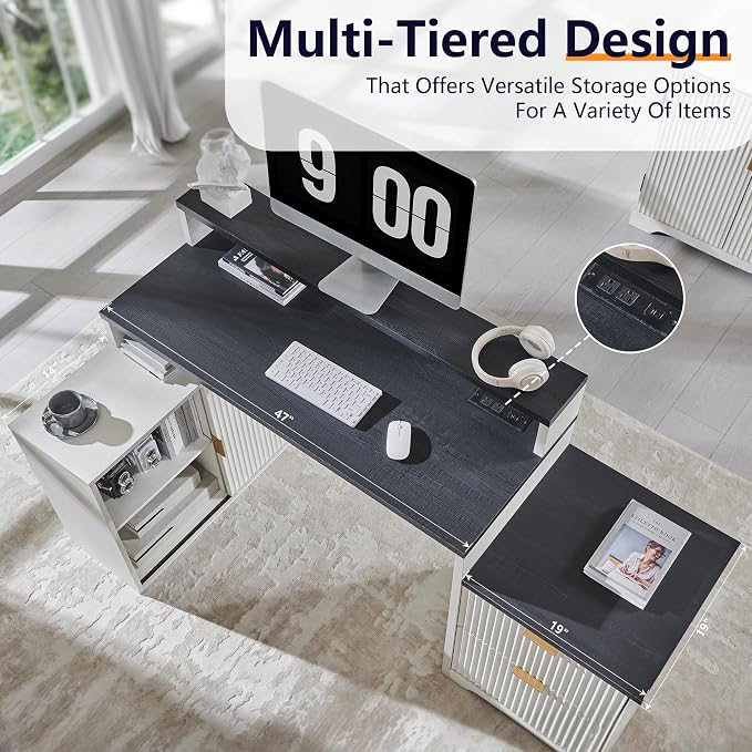 67"Fluted Desk with Cabinet & 2 Drawers, Modern Office Desk Built‑in Outlet | Wood Home Office Desk, storage cabinet with sliding doors, Fluted Computer Writing Desk, Antique White