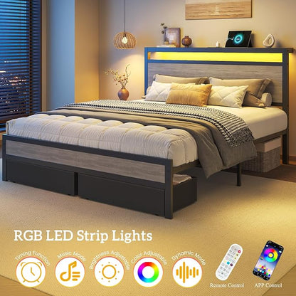 HISOFT Queen Bed Frame with Storage, Wood Headboard with Fast Charging Station, LED Lights, Platform Bed Frame Queen Size, Fabric Drawers with Wheels, No Box Spring Needed, Noise Free, Rustic Grey