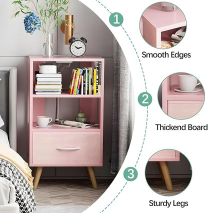 Aenuert Night Stand with Charging Station, Pink Nightstand with Drawer, 3-Tier Wooden Bedside Table with USB Ports and Outlets, End Table for Small Space, Living Room, Bedroom