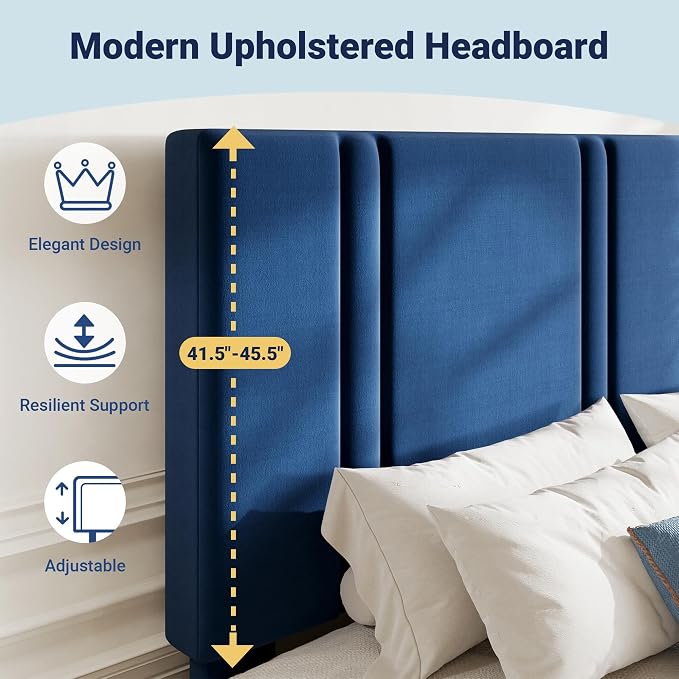Allewie Queen Platform Bed Frame with Adjustable Headboard, Plush Velvet Upholstered, Vertical Channel Tufted, Sturdy Wooden Slats, No Box Spring Needed, Easy Assembly, Blue