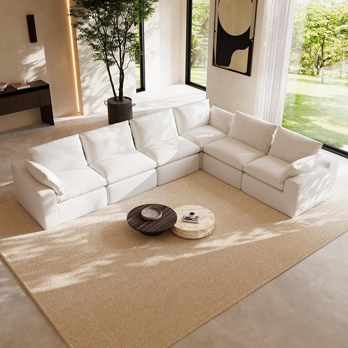 Novilla 133.8" Modular Cloud Couch, Modern Sectional Sofa with Smarts Coil® Support, Chenille Fabric, Upholstered Couch for Living Room Apartments Bedroom, No Assembly, 6 Seater, White