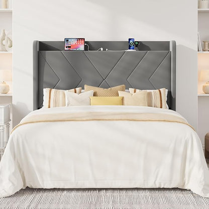 Allewie Queen Size Platform Bed Frame with Charging Station and Storage Shelf/Upholstered Velvet Wingback Headboard/Wooden Slats Support/No Box Spring Needed/Easy Assembly, Grey