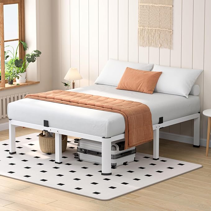 VIPSHOW 20 Inch White Queen Heavy Duty 3500 lbs Bed Frame with Round-Corner Legs & Anti-Squeak Design – Quick Assembly Metal Platform, No Box Spring Needed