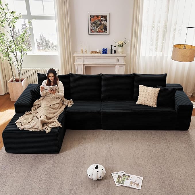 135" Modular Sectional Couches for Living Room, Comfy Boneless L Shaped Cloud Couch with Chaise Lounge, Modern Cozy Corduroy Deep Seat Floor Sofa, Memory Foam, No Assembly Required, Black