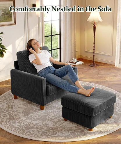 Welzona 35.3" Couches for Living Room, Comfy Grey Couch Single with 22.5" Deeper Seat, Accent Chair Tool-Free Setup, Reading Chair 440lbs Support, Corduroy Couch for Bedroom, Apartment, Office