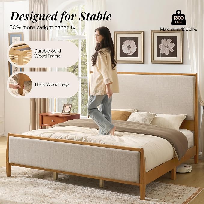 Jocisland 58" Tall Solid Wood California King Size Bed Frame with Upholstered Headboard & Footboard, Wooden Platform Bedframe, No Box Spring Needed, Easy Assembly, Modern Farmhouse Style, Walnut