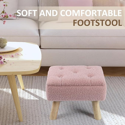 OGEMXU Storage Ottoman, Small Foot Stool Ottoman with Storage, Boucle Teddy Velvet Foot Rest with Padded Seat, Sturdy Wood Legs Stool for Living Room, Bedroom, Couch, Enterway (Pink)
