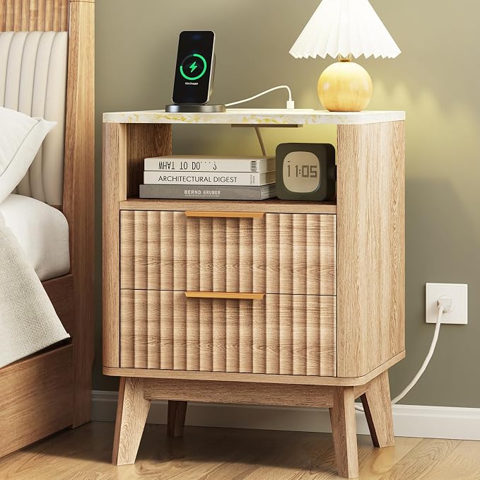 Fixwal Fluted Nightstand with Charging Station, Large Side Table with 2 Wood Drawers for Bedroom, Mid Century Modern Bedside Table, Faux Marble Top, Natural Oak, 17.7 x 13.7 x 23.6in