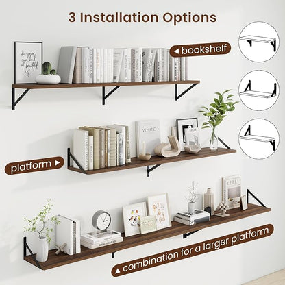 Axeman Deep Floating Shelves | 55 Inch Walnut Wall Shelves Set of 2 | 10 Inch Deep Wood Floating Shelves for Wall | 55" W x 10" D Walnut Shelves for Living Room Bathroom Kitchen