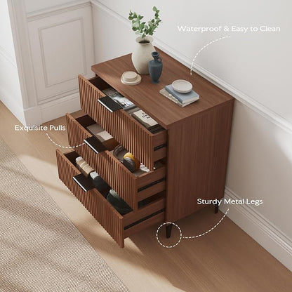 25.6"W Fluted Nightstand with 3 Drawer, Mid-century Modern Wood Night Stands Bedside Table for Bedroom King/Queen Bed, End Table with Robot-friendly Legs for Living Room,Entry (3 Drawers-1pcs-Walnut)