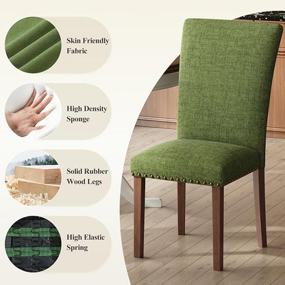 COLAMY Upholstered Parsons Dining Chairs Set of 6, Fabric Dining Room Kitchen Side Chair with Nailhead Trim and Wood Legs - Green