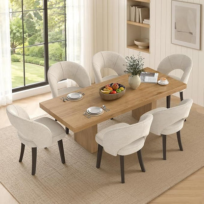 Dining Chairs Set of 6, Mid Century Modern Dining Chairs with Solid Wood Legs, Curved Back Kitchen Chair Farmhouse Side Upholstered Chairs for Kitchen Dining Room, White