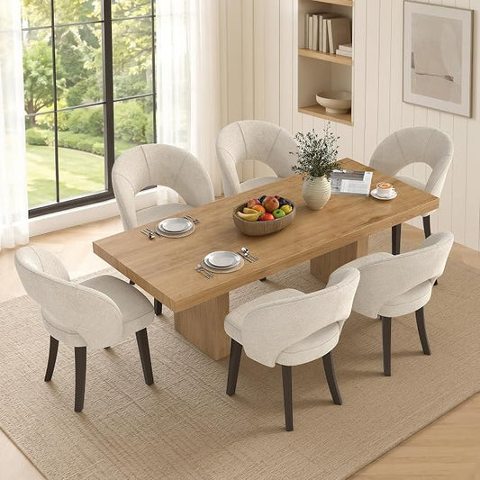 Dining Chairs Set of 6, Mid Century Modern Dining Chairs with Solid Wood Legs, Curved Back Kitchen Chair Farmhouse Side Upholstered Chairs for Kitchen Dining Room, White