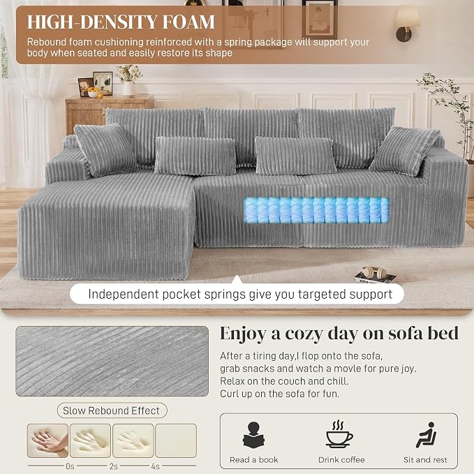 110" L Shaped Cloud Boneless Sectional Couches for Living Room, Modern Comfy Modular Deep Seat Memory Foam Compressed Corduroy Sofa Oversized Left Facing Chaise, No Assembly Required, Grey