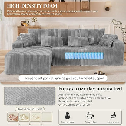 110" L Shaped Cloud Boneless Sectional Couches for Living Room, Modern Comfy Modular Deep Seat Memory Foam Compressed Corduroy Sofa Oversized Left Facing Chaise, No Assembly Required, Grey