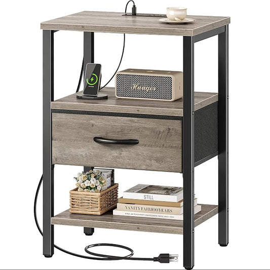 SUPERJARE Nightstand with Charging Station, Bed Side Table with Adjustable Fabric Drawer, Night Stand for Bedroom, 3-Tier Storage End Table, for Living Room, Oak