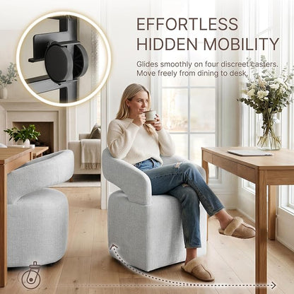 KISLOT Upholstered Dining Chairs Set of 1, Modern Arm Kitchen & Dining Room Chairs with Hidden Casters, Linen Fabric Padded Rolling Chairs, Sturdy Wood Frame, 300 lbs Capacity, Light Grey