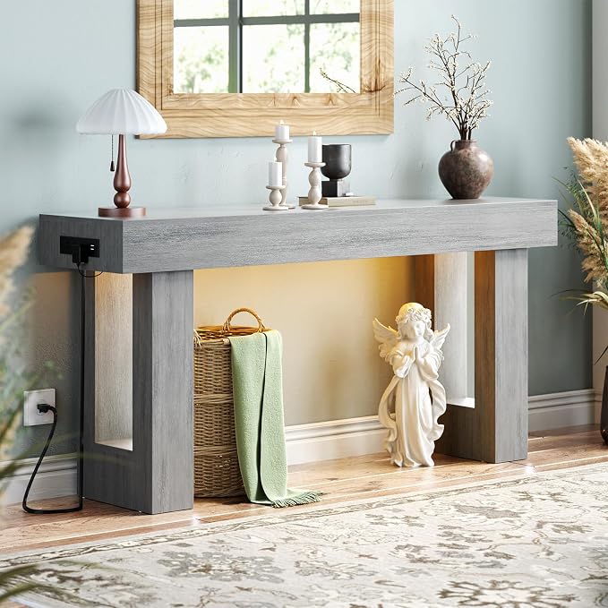 Unikito 63'' Farmhouse Console Table with Power Outlets and Sensor Light, Wooden Entryway Table with Storage, Rectangular Sofa Tables Behind The Couch for Entrance, Hallway, Living Room, Oak