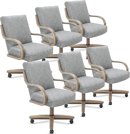 Chromcraft Douglas Hazelwood Shade Swivel Dining Chairs with Casters, Set of 6 – Luxury Upholstered Kitchen & Dining Room Chairs with Arms, Ergonomic Tilt & Swivel Comfort - D9570