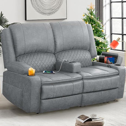 Yolsali Loveseat Recliner Sofa, Manual Reclining Loveseat with Removable Armrest, PU Leather Double Recliner for RV with 2-Tier Cushions, USB Charging Ports, Cup Holders - Gray PU
