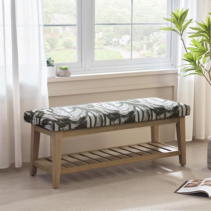 Zihanhome Entryway Shoe Bench with Cushion, End of Bed Bench,Upholstered Bench for Kitchen, Bench with Solid Wood Shelf, Fabric Ottoman Bench for Hallway, Living Room (Textured Green)