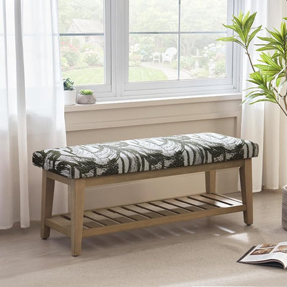 Zihanhome Entryway Shoe Bench with Cushion, End of Bed Bench,Upholstered Bench for Kitchen, Bench with Solid Wood Shelf, Fabric Ottoman Bench for Hallway, Living Room (Textured Green)