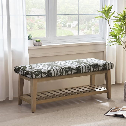 Entryway Bench with Cushion, Upholstered Shoe Rack Bench with Solid Wood Shelf, 44" End of Bed Bench for Bedroom, Chenille Fabric Storage Bench for Entryway, Hallway, Living Room (Textured Green)