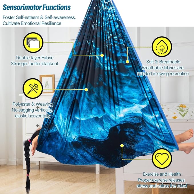 Sensory Swing for Kids & Adults Holds up to 300lbs Indoor & Outdoor Double Layer Therapy Cuddle Swing with 360° Swivel Hanger Kit for Calming, Effect for Autism, ADHD or SPD. (Ice Teal)