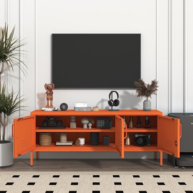 Metal Storage Cabinet-22 Tall Steel TV Stand Cabinets with Lockable Doors and Adjustable Shelves Orange Living Room Locker Organizer for Home Office Bedroom Size：22" H X 47.3" W X 13.8" D