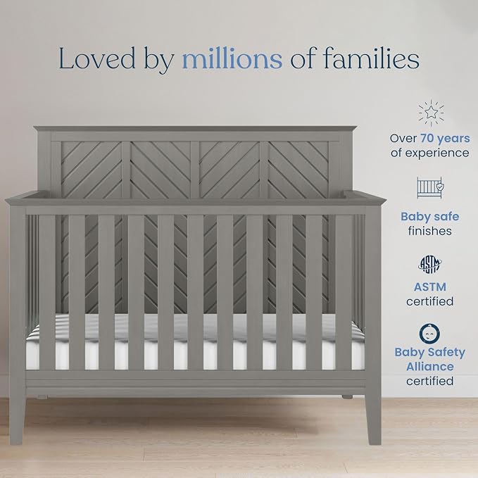 Child Craft Atwood 4-in-1 Convertible Baby Crib, Wooden Nursery Furniture Converts to Daybed, Toddler Bed and Full-Size Bed, 3 Mattress Height Adjustments, Non-Toxic Baby Safe Finish, Lunar Gray | 4-in-1 Crib