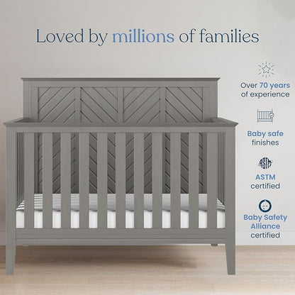 Child Craft Atwood 4-in-1 Convertible Baby Crib, Wooden Nursery Furniture Converts to Daybed, Toddler Bed and Full-Size Bed, 3 Mattress Height Adjustments, Non-Toxic Baby Safe Finish, Lunar Gray | 4-in-1 Crib