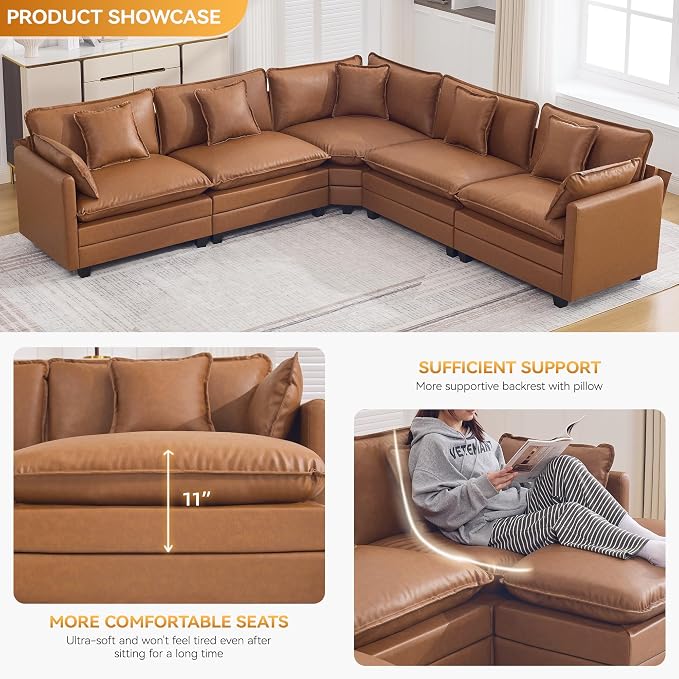 137'' V Shaped Cloud Sectional Sofa, Oversized Deep Seat Leather Couches for Living Room, Comfy Upholstered Modular Sectional Sofa Couch, Leather Light Brown