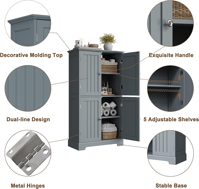 ChooChoo Bathroom Floor Cabinet, Modern Bathroom Storage Cabinet with 4 Doors and Adjustable Shelves, Freestanding Cupboard for Living Room, Grey