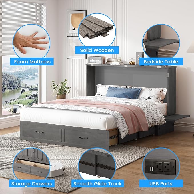 PUREMIND Queen Murphy Bed with Mattress Included, Murphy Cabinet Bed with Storage Drawer, Built-in Charging Station, Solid Wood Frame, Space-Saving Cabinet Beds for Small Spaces/Guest Room (Gray)