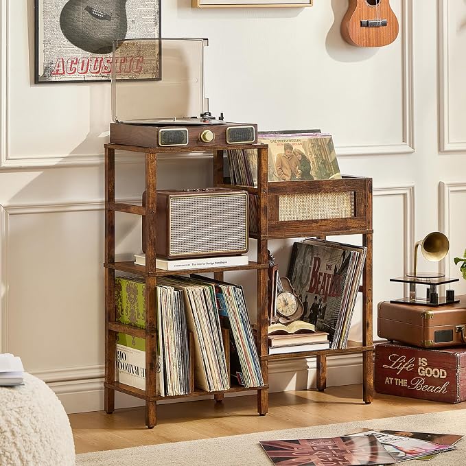 LELELINKY Record Player Stand, Vintage Brown Wood Record Holder with Vinyl Storage Holds up to 300+ Albums, 3-Tier Rattan Media Table with Vinyl Display Shelf, Record Storage Cabinet for Living Room