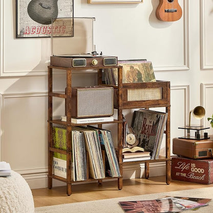 LELELINKY Record Player Stand, Vintage Brown Wood Record Holder with Vinyl Storage Holds up to 300+ Albums, 3-Tier Rattan Media Table with Vinyl Display Shelf, Record Storage Cabinet for Living Room
