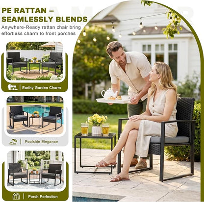 Flamaker 3 Pieces Patio Set Outdoor Wicker Furniture Modern Bistro Rattan Chair Conversation Sets with Coffee Table for Yard (Grey)