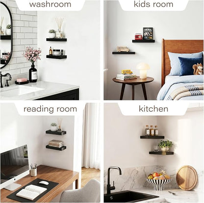 Floating Shelves Set of 2,11.8'' Wood Wall Shelves with Invisible Bracket for Living Room,Bedroom,Kitchen,Bathroom,Black