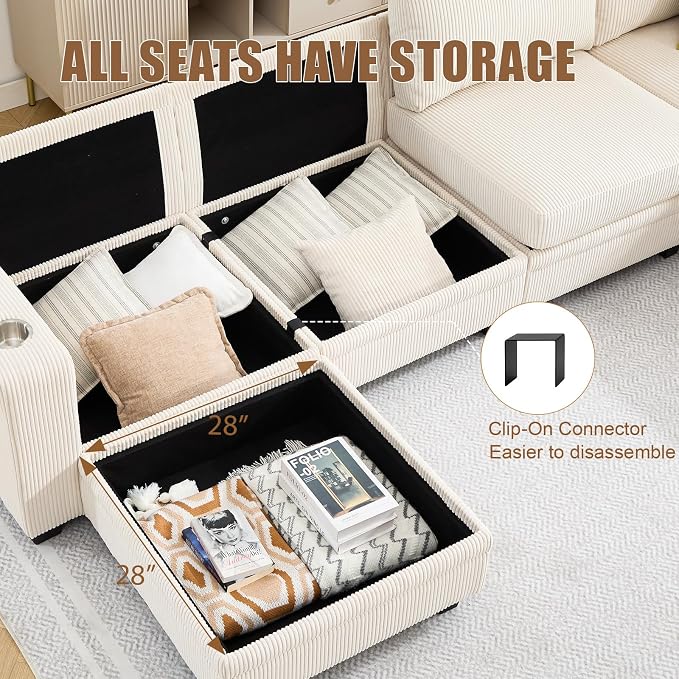 97" Modular Sectional Sofa with Storage, Corduroy 6-Seater V-Shaped Sofa with Ottoman Chaise, Convertible L-Shaped U-Shaped Cloud Sectional Couches for Living Room, Apartment