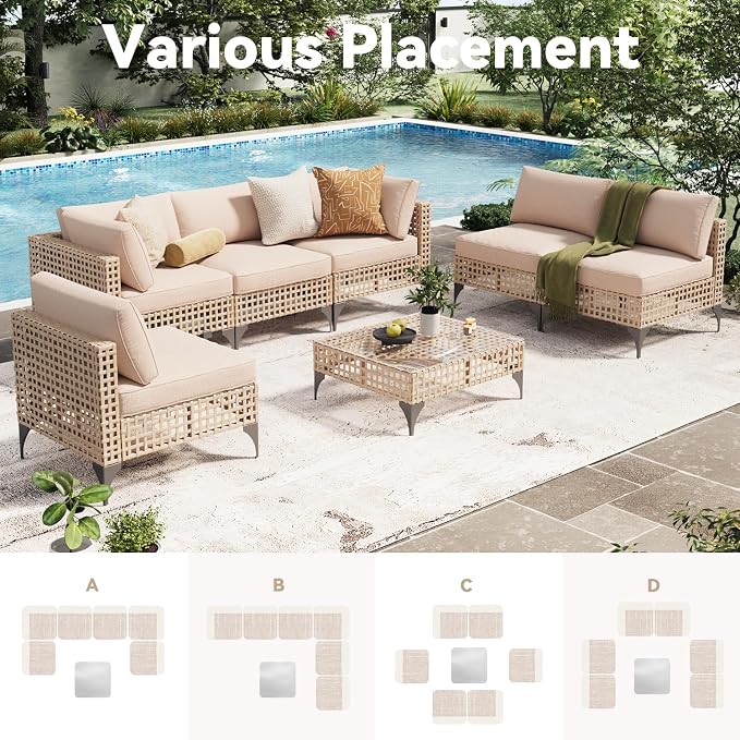 U-MAX 7-Piece Patio Furniture Set with Tea Table, Boho Outdoor Furniture Set Sectional Sofa Wicker Conversation Set with Light Brown Rattan&Beige