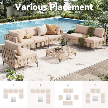 U-MAX 7-Piece Patio Furniture Set with Tea Table, Boho Outdoor Furniture Set Sectional Sofa Wicker Conversation Set with Light Brown Rattan&Beige
