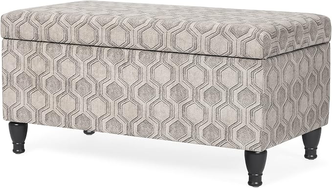 Asense Upholstered Storage Ottoman Hinged-lid Linen Bench Rectangular Footstools Accent Furniture for Bedroom Living Room Entryway, Beige & Light Grey Patterns