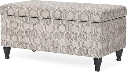 Asense Upholstered Storage Ottoman Hinged-lid Linen Bench Rectangular Footstools Accent Furniture for Bedroom Living Room Entryway, Beige & Light Grey Patterns