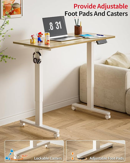 Okin Standing Desk Electric Adjustable Computer Whole Piece Stand up Desk with Wheels Office Gaming Home Office Memory Desks 48x24 inches Cream Pecans