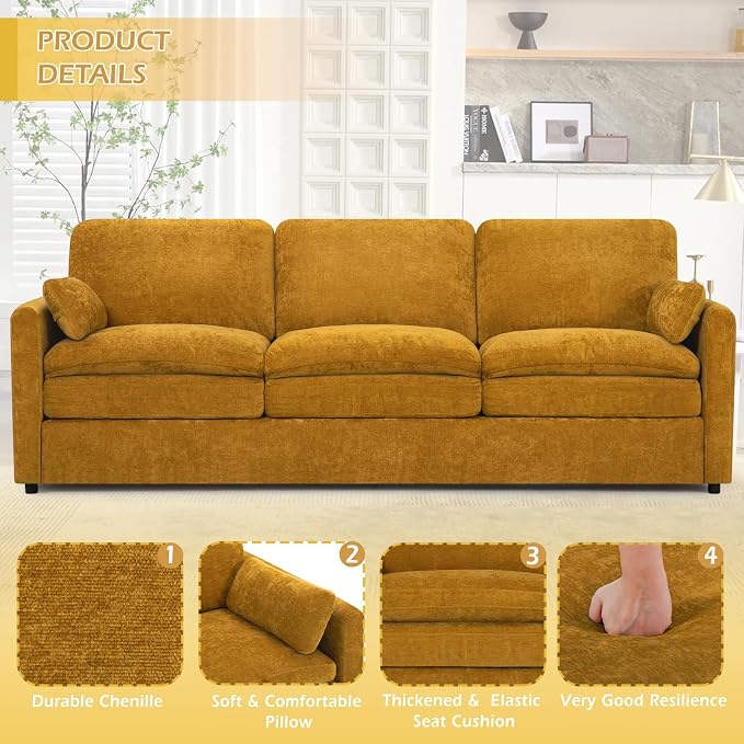 89” Chenille Sofa w/Arm Pillows, Upholstered 3-Seater Sofa w/Comfortable Back Cushions, Modern 3 Seats Couch w/High-Density Foam for Living Room, Apartment, Office, Yellow