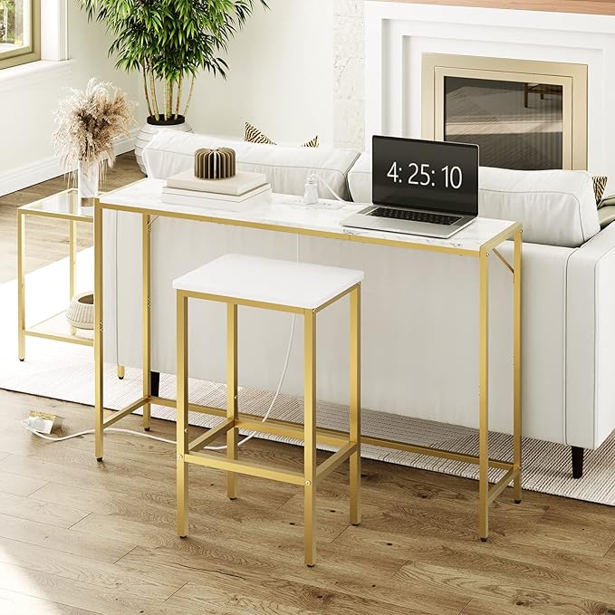 MAHANCRIS Console Table, Narrow Sofa Table, 43.7” Entrance Table with Power Station, Behind Couch Table, Simple Style, for Living Room, Hallway, Entryway, Foyer, Marble and Gold CTJM112E01
