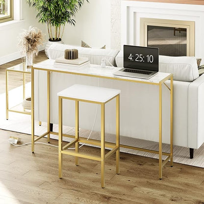 MAHANCRIS Console Table, Narrow Sofa Table, 43.7” Entrance Table with Power Station, Behind Couch Table, Simple Style, for Living Room, Hallway, Entryway, Foyer, Marble and Gold CTJM112E01