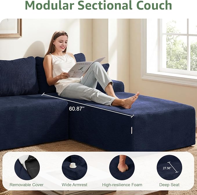 Hobestluk Modular Sectional Sofa Couches L-Shape Couch 3 Seat Modular Sofa Memory Foam Sectional Couches for Living Room, Cloud Couch with Oversized Chaise (Blue Corduroy, 108", Right Hand Facing)