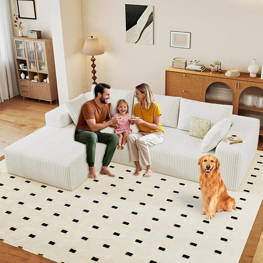96" Modular Sectional Sofa, Modern Corduroy Cloud Couch with Deep Seat, Boneless Couch Upholstered 3-Seater L-Shaped Sofa for Living Room, No Assembly Required (White, Left-Facing Chaise)